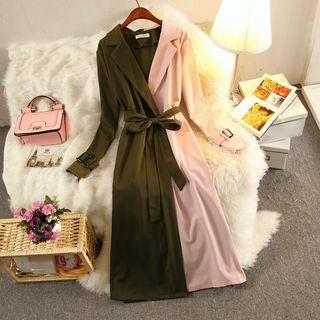 Color Block Tie Waist Long-sleeve Midi Dress