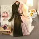 Color Block Tie Waist Long-sleeve Midi Dress