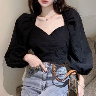 Puff-sleeve Sweetheart Plain Backless Blouse