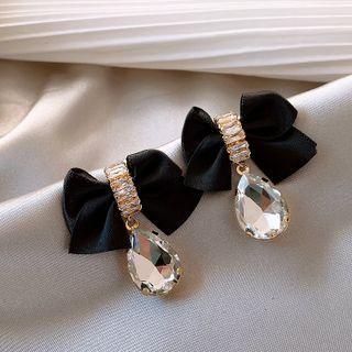 Bow Faux Crystal Drop Earring 1 Pair - Black & Transparent - One Size