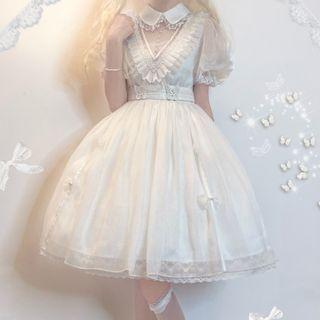 Puff-sleeve Ruffled Mesh A-line Dress / Butterfly Belt / Lace Head Piece / Set