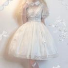 Puff-sleeve Ruffled Mesh A-line Dress / Butterfly Belt / Lace Head Piece / Set