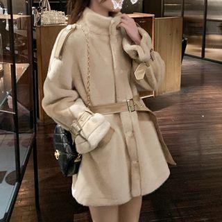 Belted Waist Stand Collar Fleece Button Coat