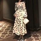 Dotted Balloon-sleeve A-line Midi Dress