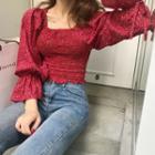 Floral Off-shoulder Long-sleeve Chiffon Top Red - One Size