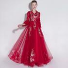 Embroidered Bell-sleeve A-line Evening Gown