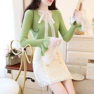 Long-sleeve Mesh Paneled Ribbon Knit Top / Fringed A-line Mini Skirt / Set