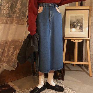 Color-block Denim Midi Skirt