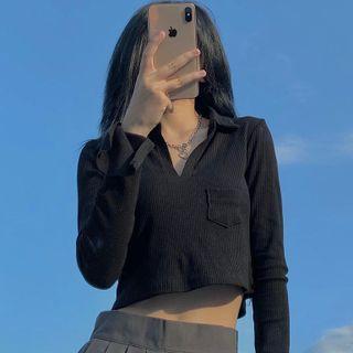 Long-sleeve Polo-neck Crop Top
