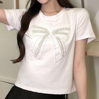 Short-sleeve Embellished Bow T-shirt