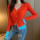 Long-sleeve Color Block Asymmetric Buttoned Knit Top