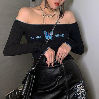 Off-shoulder Butterfly Embroidered T-shirt