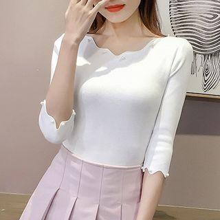 Plain Scallop Trim 3/4 Sleeve Knit Top