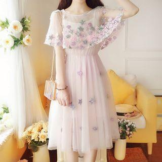 Short-sleeve Embroidered Flower Mesh A-line Dress