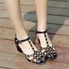 Chunky Heel Studded T-strap Sandals