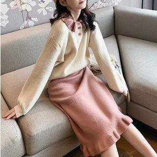 Set: Ruffle Polo Sweater + Midi Skirt