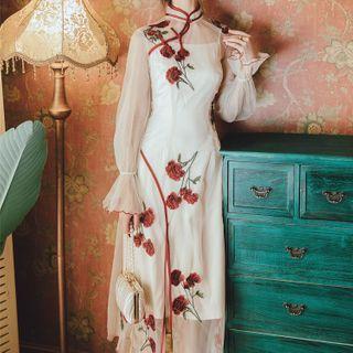 Floral Embroidered Long-sleeve Mesh Midi Qipao / Faux Pearl Furry Jacket