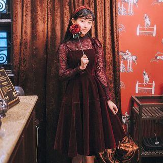 Set: Long-sleeve Lace Top + A-line Velvet Pinafore Dress