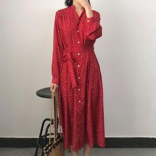 Dotted Midi Chiffon Dress With Sash