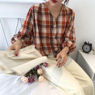 Long-sleeve Plaid Buttoned Top