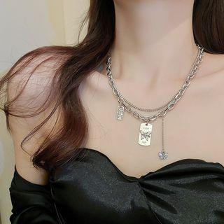 Butterfly Tag Pendant Layered Necklace Silver - One Size