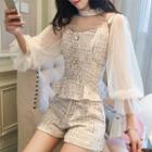 Set: 3/4-sleeve Mesh Blouse + Spaghetti Strap Tweed Top + Wide-leg Shorts