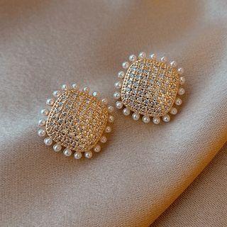 Square Faux Pearl Rhinestone Earring 1 Pair - White Faux Pearl - Gold - One Size