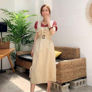 Wide-strap Midi Pinafore Dress With Belt