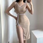 Scoop-neck Contrast Trim Slit Bodycon Tank Dress