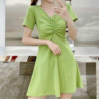 Short-sleeve Plain V-neck Bow Mini Dress