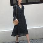Long-sleeve Dotted A-line Midi Chiffon Dress