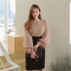 Tulle-sleeve Sheer Blouse & Cami Beige - One Size