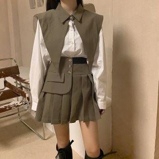 Long-sleeve Plain Shirt / Shawl / High-waist Pleated Mini Skirt