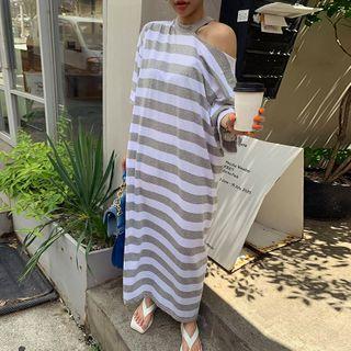 Cutout-shoulder Striped Maxi T-shirt Dress