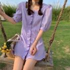 Plaid Short-sleeve A-line Dress Purple - One Size