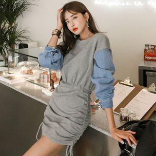 Drawstring Denim Panel Long-sleeve Mini Sheath Dress