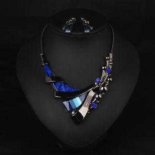 Set: Faux Crystal Necklace + Drop Earring Set Of 2 - 1 Pair Earrings & Necklace - Blue - One Size