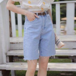 High-waist Fray-hem Denim Straight-cut Shorts