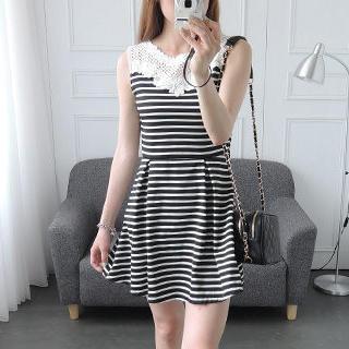 Sleeveless Crochet-panel Striped Dress