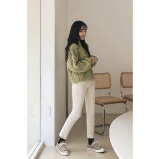Crewneck Bishop-sleeve Cable Sweater