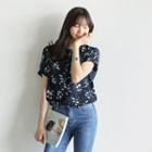 Collarless Short-sleeve Floral Blouse