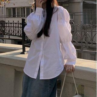 Puff-sleeve Shirt / Front-slit Denim Midi Pencil Skirt