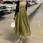 Long-sleeve Mesh Cardigan / Spaghetti Strap A-line Dress