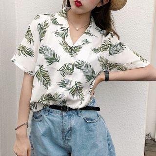 Leaf Print Short-sleeve Loose-fit Blouse