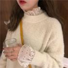 Furry Sweater/ Dotted Long-sleeve Chiffon Top