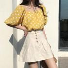 Dotted Short Sleeve Blouse / Plain Flared Skirt