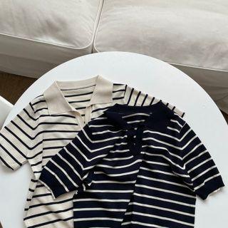 Short Sleeve Stripe Polo Knit Top