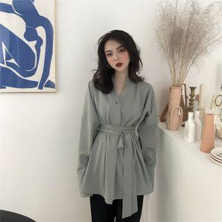 Long-sleeve Sashed Shirt Graylish Green - One Size