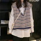 Tweed Knit Vest / Plain Shirt / Midi Straight-fit Skirt