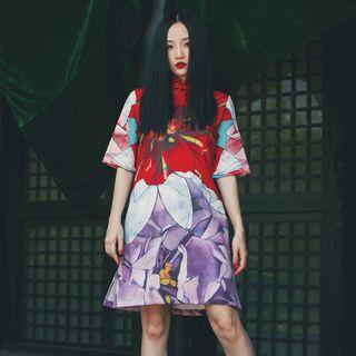 Japanese-style Printed Qipao(waist Belt Not Included) As Shown In Figure - One Size